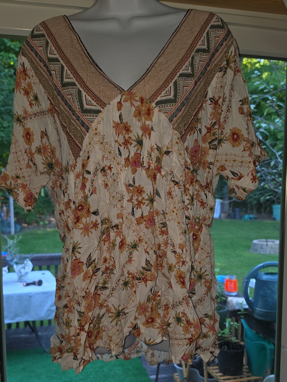 DAVI & DANI Cream Floral V-Neck Boho Tunic with Mustard and Pink Flowers